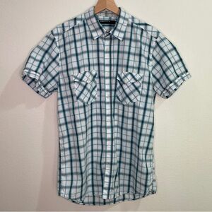Vintage IDENTITY Plaid Short Sleeve Cotton Button Up Shirt - Blues/White